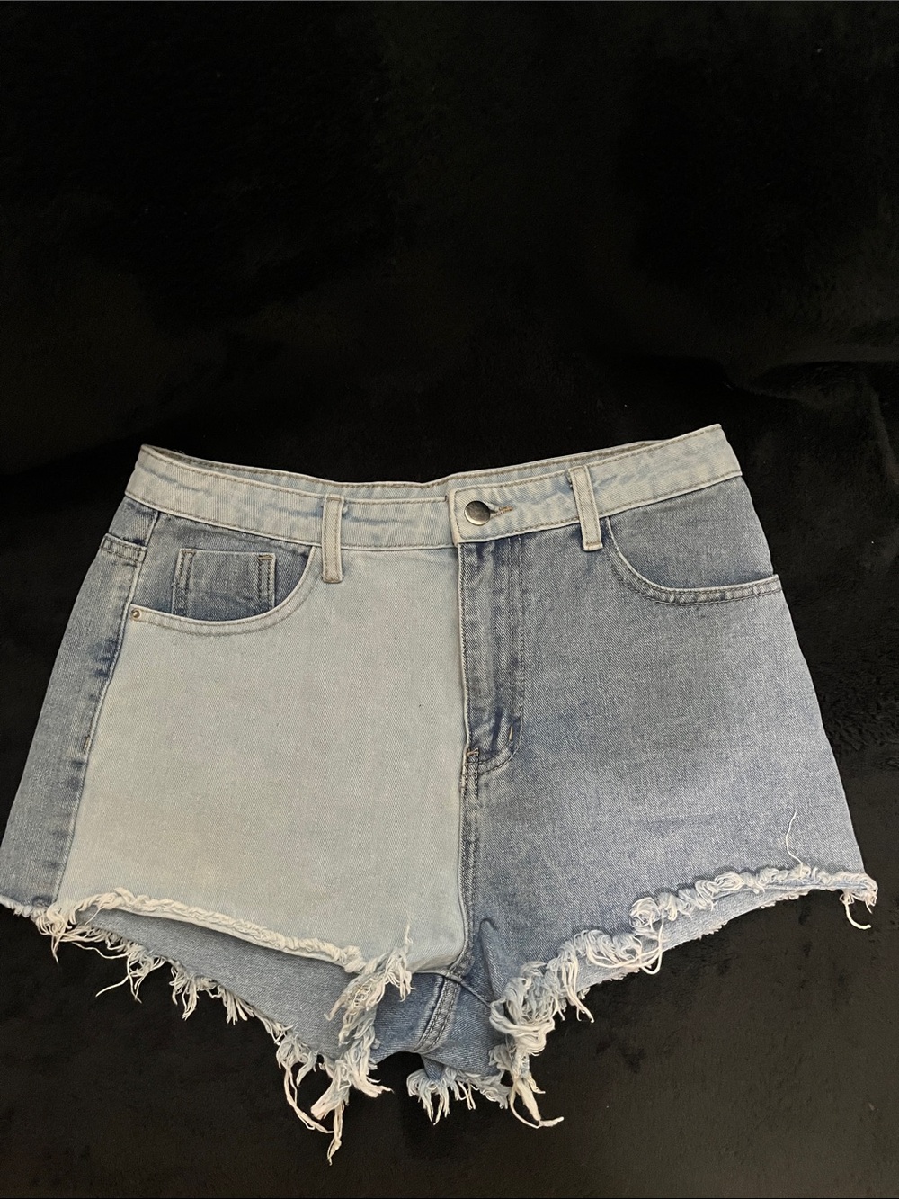 Two-Tone Light and Medium Blue Denim Cutoff Shorts